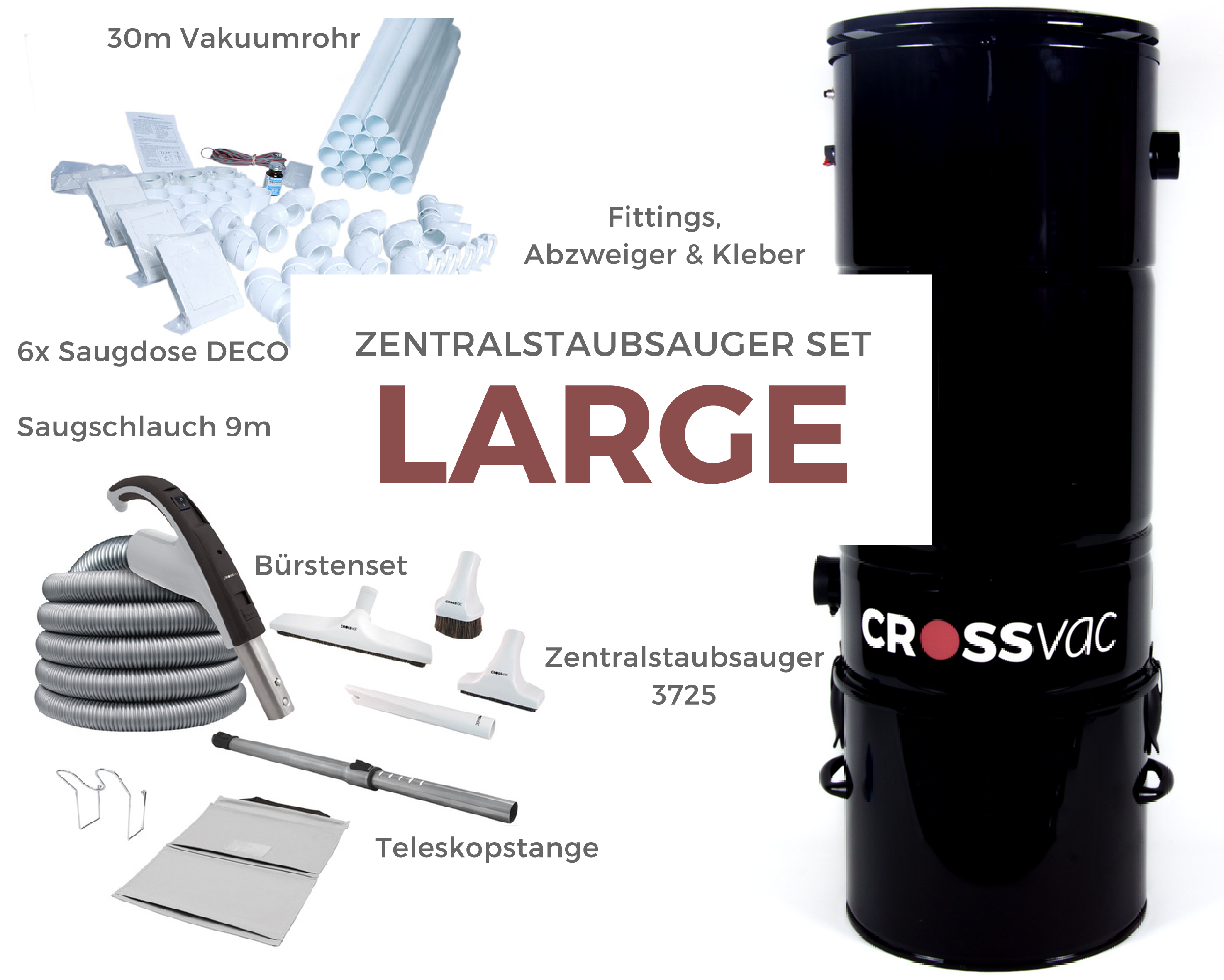 crossvac Zentralstaubsauger Set Retraflex Large x500 mit 2x Schlaucheinzug & Co.